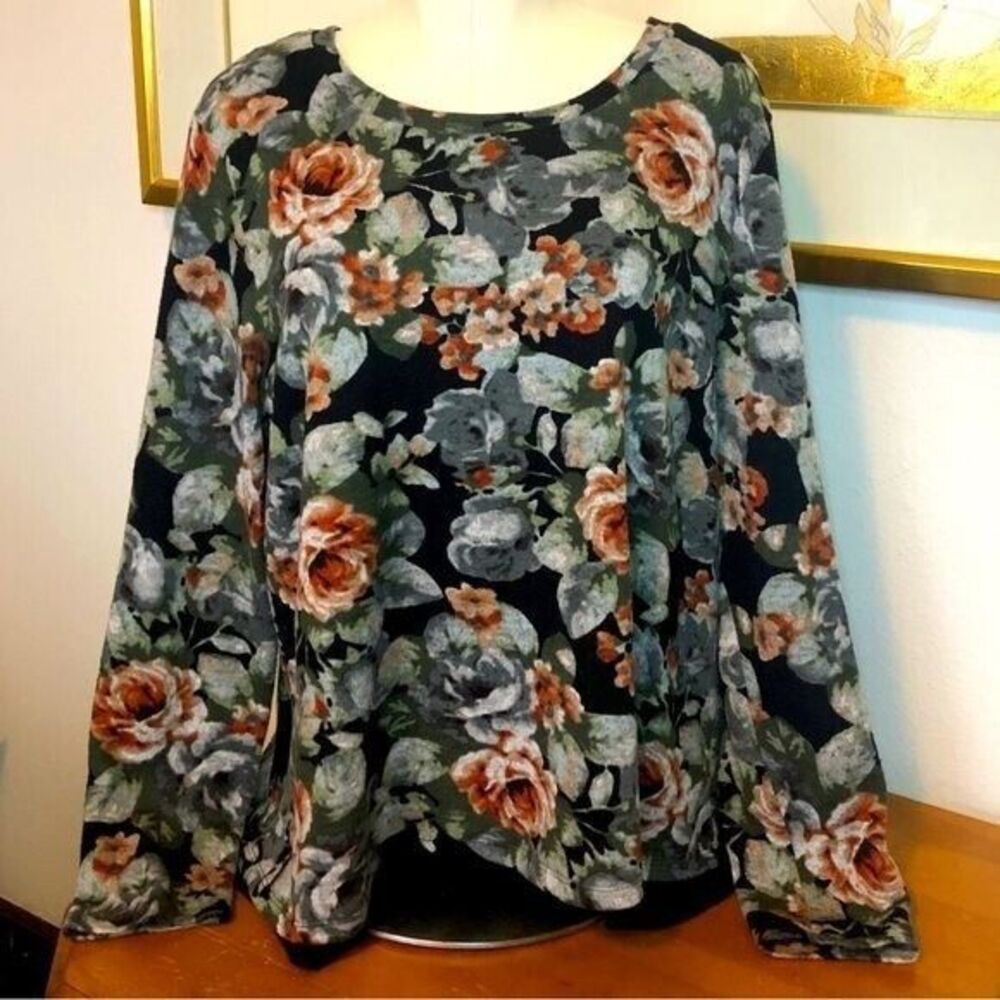 Bobeau Womens Large Black Multicolor Floral Knit Tie Knit Back w/ Sheer‎ Sweater